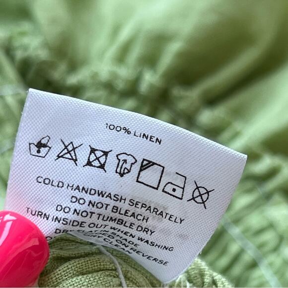 Faithfull The Brand Green 100% Linen Short Puff Sleeve Smocked Mini Dress 8 - Picture 13 of 16